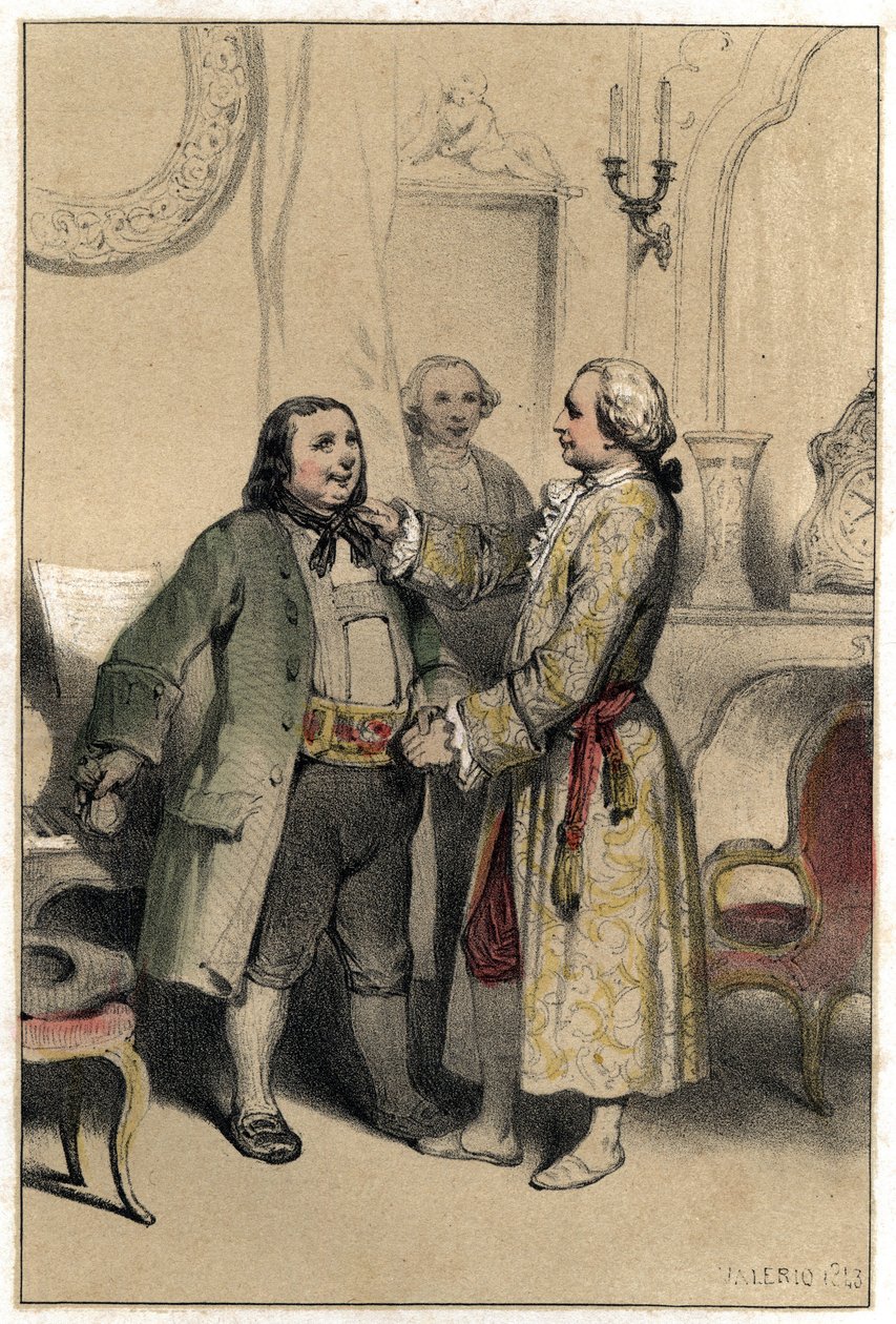 Säveltäjä Joseph Haydn otti vastaan miehen, joka tuli pyytämään häntä säveltämään menuetin tyttärensä häihin. Levy otettu Valerion kahdessa sävyssä olevasta kaiverruksesta "" Scenes de la vie des hommes kuuluisa"" 1843. tekijältä French School