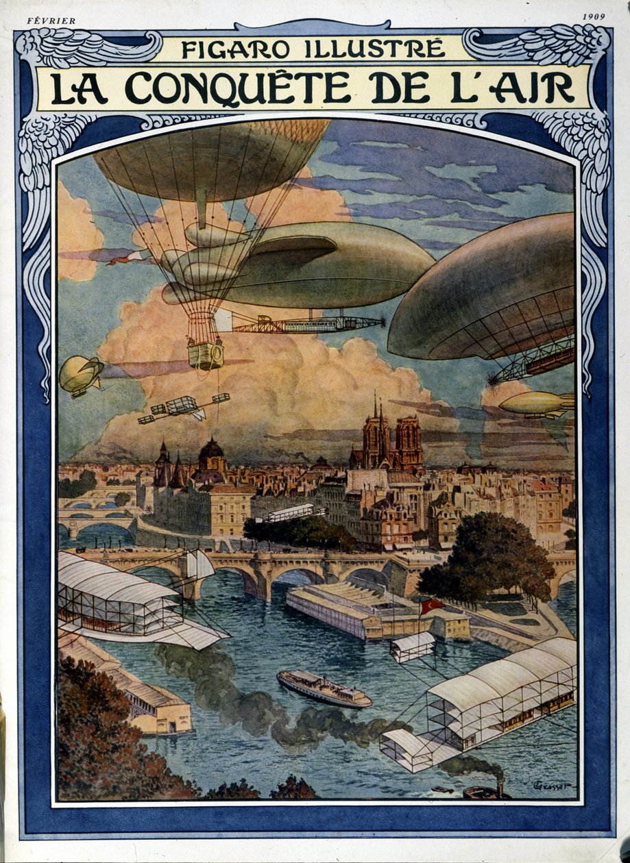 Ilman valloitus: ilmalaiva, ilmapallo ja kuumailmapallo Pariisin yllä - Figaro Illustrated -lehden kansi helmikuussa 1909. tekijältä French School
