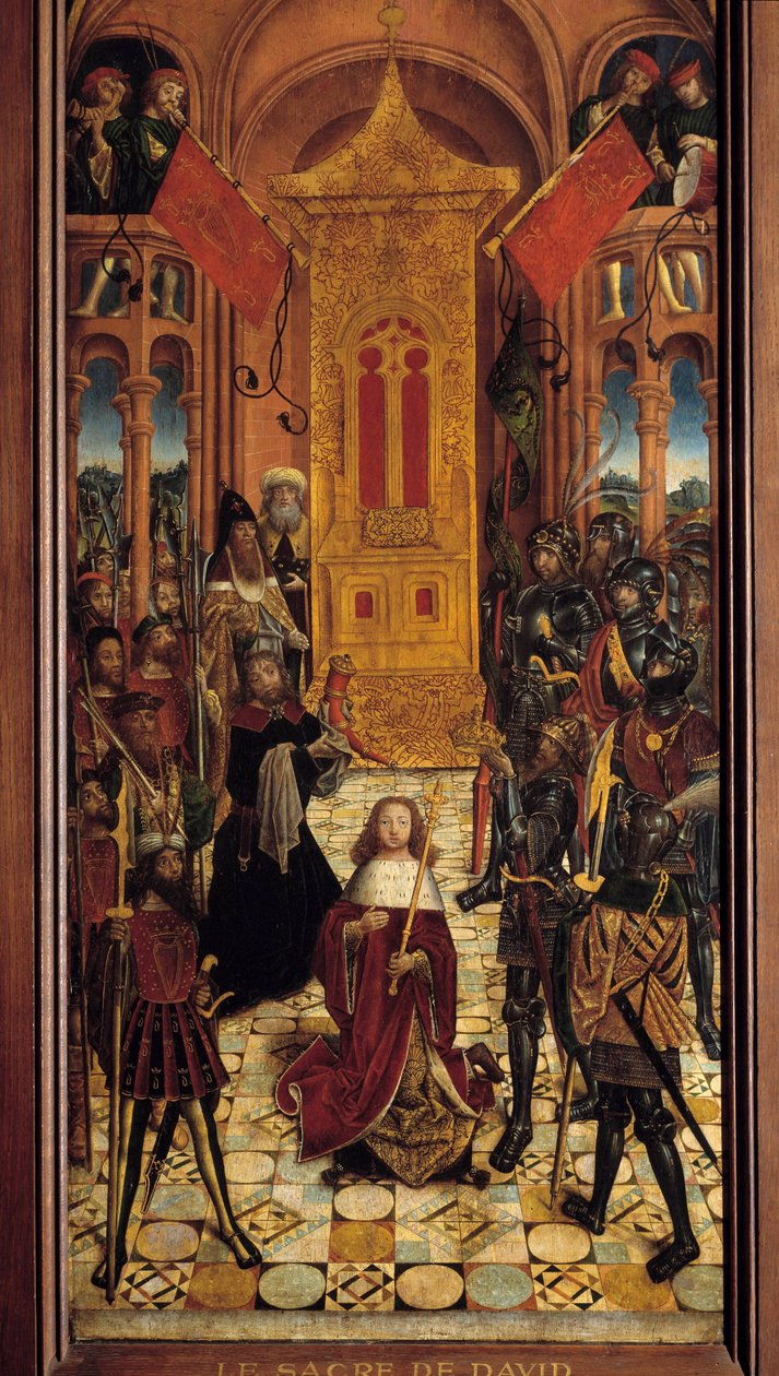 Daavid Daavidin kruunaus on Israelin kruunukuningas. 1500-luvun ranskalaisen koulukunnan maalaus. 1501. Cathedrale d