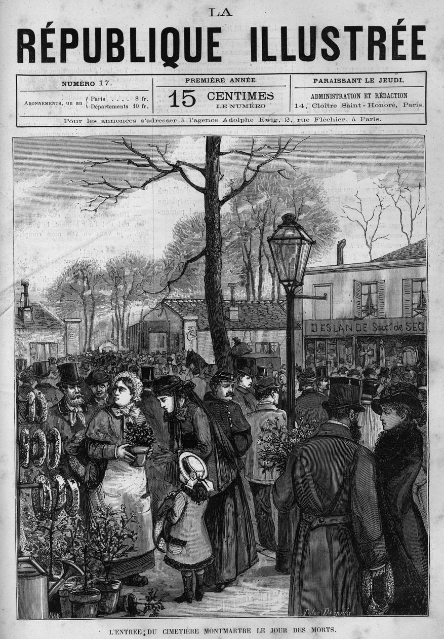 Väkijoukko Pariisin Montmartren hautausmaan sisäänkäynnin edessä kuolleiden päivänä (Toussaint). Sanomalehti. Kaiverrus vuodelta 1880 "La republique illustree" -yksityiskokoelmassa. tekijältä French School