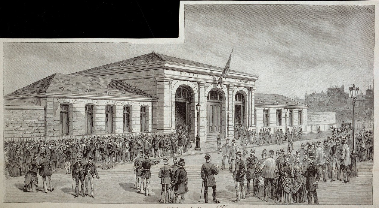 Yleisö ruumishuoneen edessä Pariisissa vuonna 1886. tekijältä French School