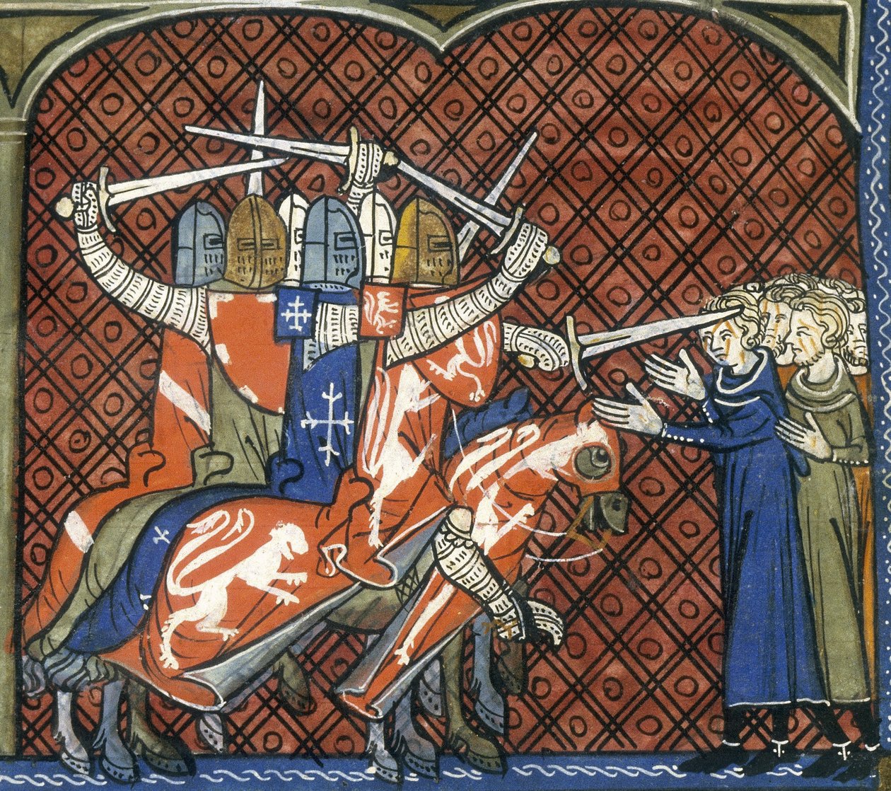 Ristiretki albigenseja vastaan, c1325-c1350. Miekkoja hevosen selässä käyttävät sotilaat hyökkäävät albigenssien kimppuun. Paavi Innocentius III saarnasi pyhää sotaa Albigensin kristittyjä vastaan, koska hän pelkäsi heidän uskomustensa leviämistä. Vuonna 1 tekijältä French School