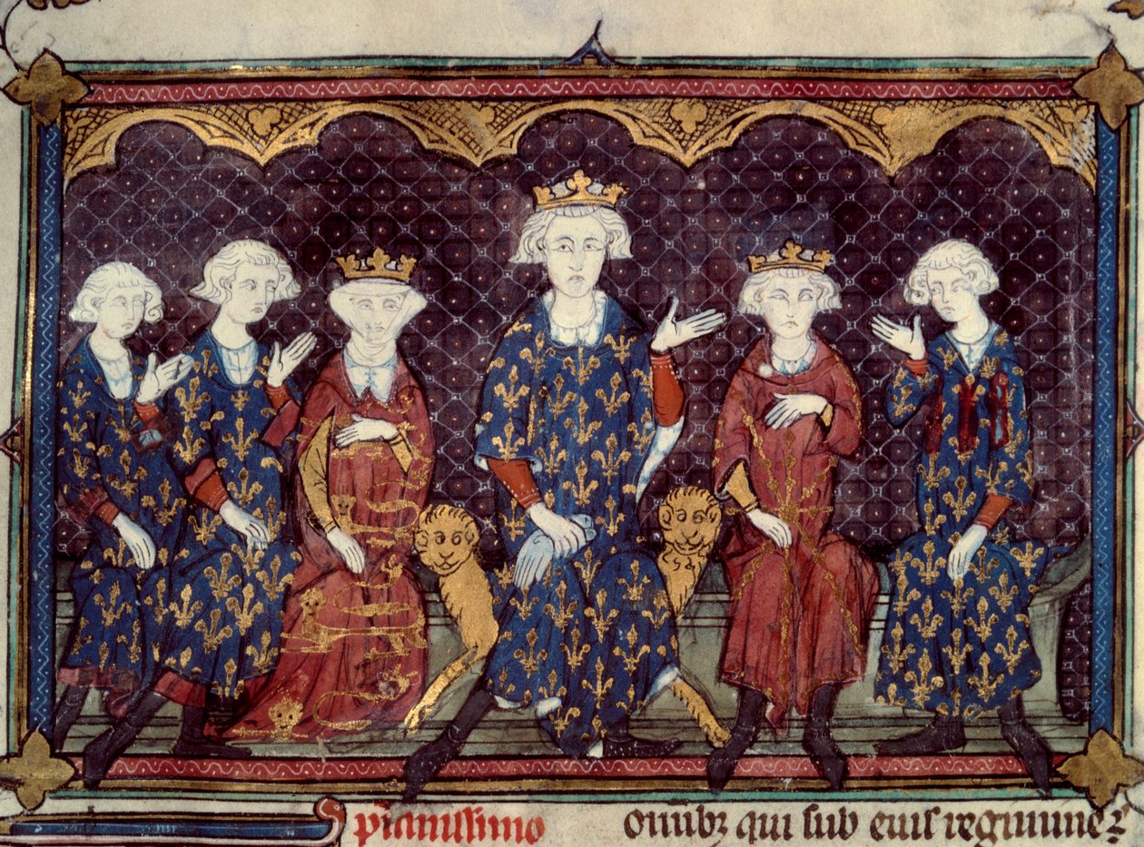Kirotut kuninkaat: Philip IV kaunis (1268 - 1314) ympäröi tyttärensä Isabellan (Englannin kuningatar) ja kolmea poikaansa Ludvig (kuningas Ludvig X), Kaarle (kuningas Kaarle IV), Philip (kuningas Filipp V) ja hänen veljensä Charles de Valois - Miniatyyri L tekijältä French School