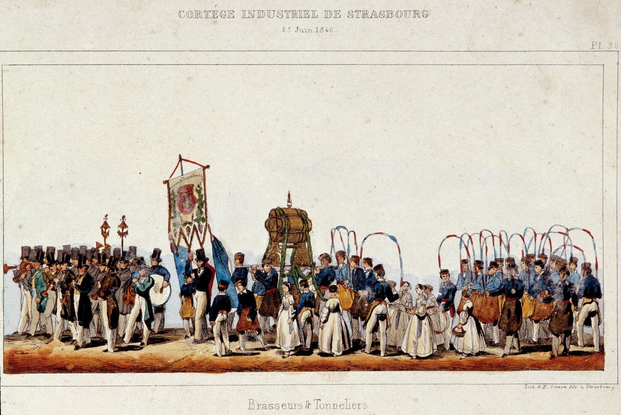 Panimoiden ja cooperien tanssi Strasbourgin teollisuuskortegen aikana 25.6.1840. Simonin litografia tekijältä French School