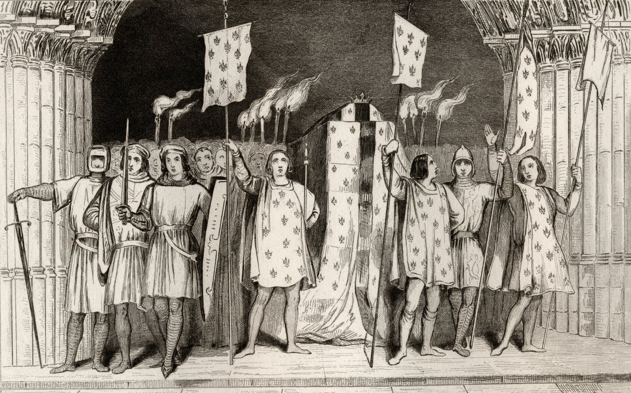 Kuollut lapsi Jean I (1316), kuolemanjälkeinen julisti kuninkaaksi hautajaisissaan Colartin "Histoire de France" -kirjasta, julkaistu n. 1840 tekijältä French School