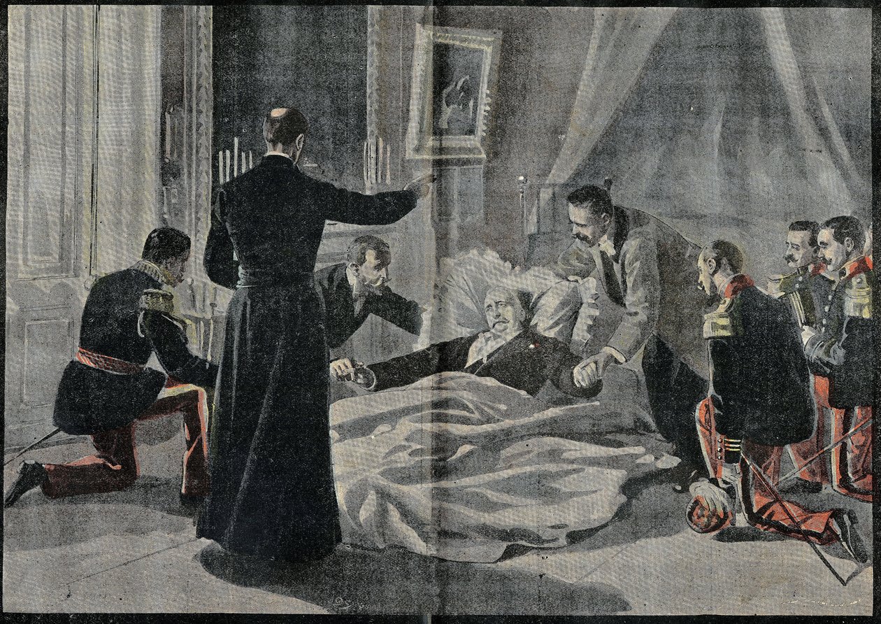Ranskan presidentin Felix Fauren (1841-1899) kuolema, Abbe Renault, antoi hänelle anteeksiannon. Kaiverrus kirjassa "" Le Pelerin"" 26/02/1899. tekijältä French School