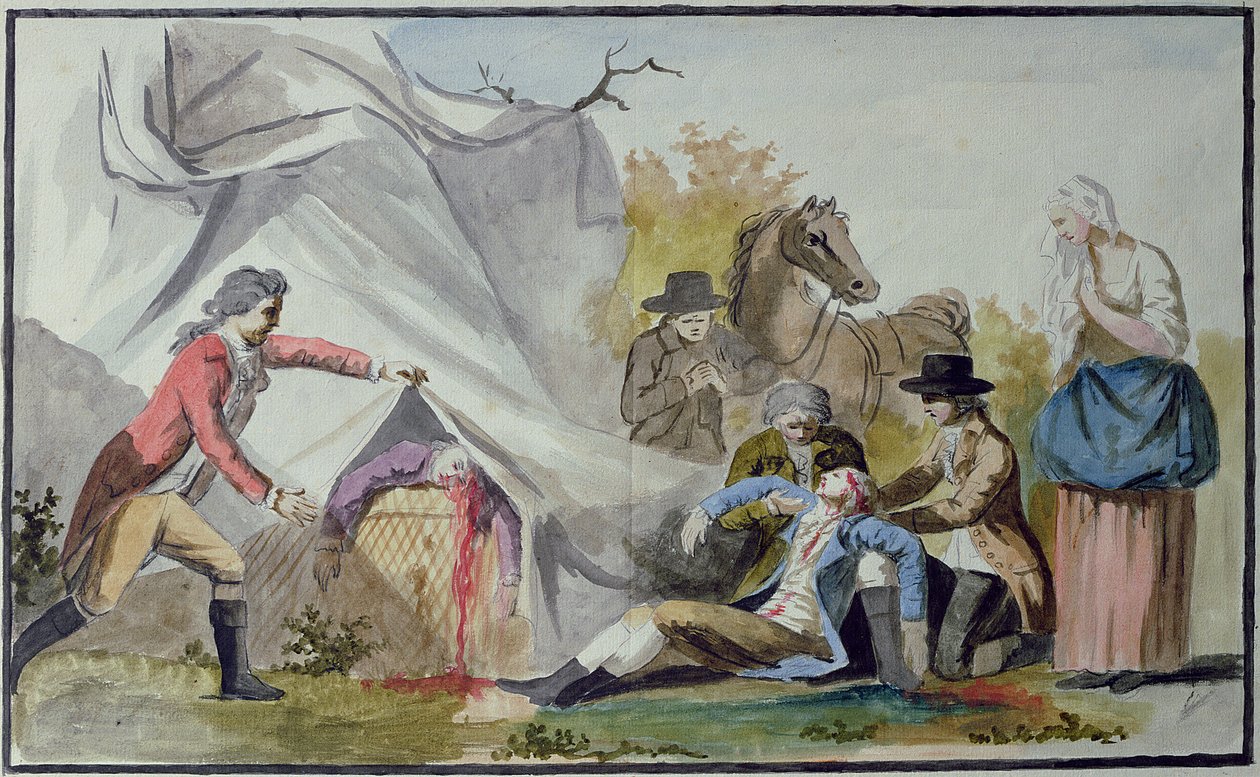 Francois Pilatre de Rozierin (1754-85) kuolema Boulognen lähellä 15. kesäkuuta 1785 yrittäessään ylittää kanaalin Mongolfiere-ilmapallolla tekijältä French School