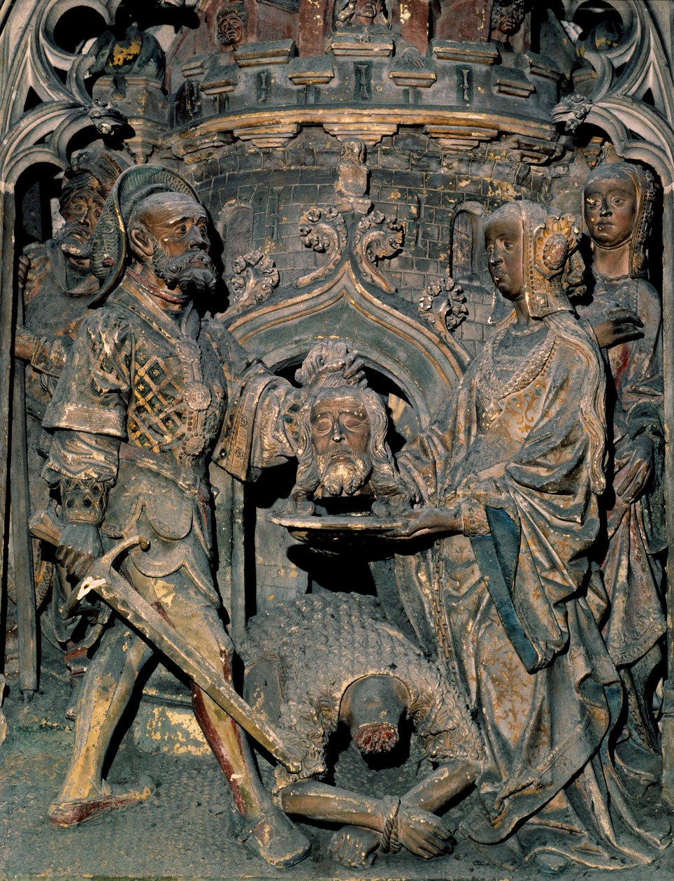 Pyhän Johannes Kastajan kuolema Johannes Kastajan pää asetetaan tasangolle, jonka Salome esittelee äidilleen. Cathedrale Notre-Dame d