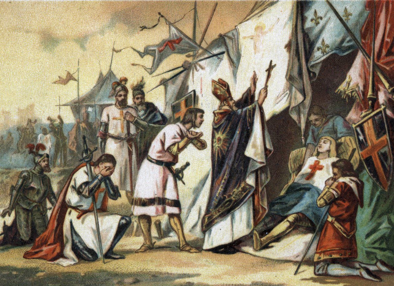 Saint Louis (Louis IX) (1214/1215-1270) kuolema Tunisissa. 1800-luvun lopun kromolitografia tekijältä French School