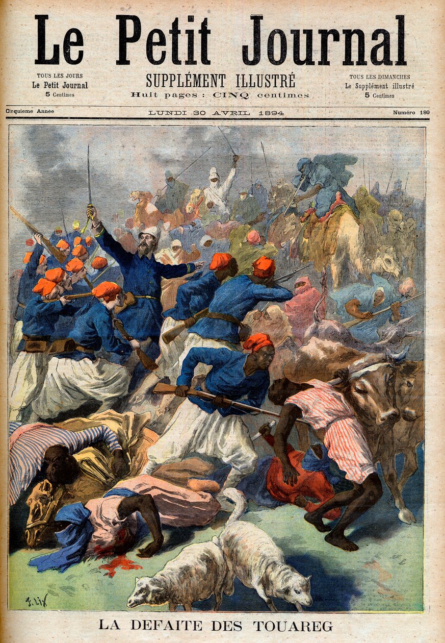 Tuaregien tappio. Ranskan siirtomaajoukot everstiluutnantti Joseph Joffren (1852-1931) komennossa - Touaregin tappio. Kuvitus Le Petit Journaliin, 30. huhtikuuta 1894 (kaiverrus) tekijältä French School