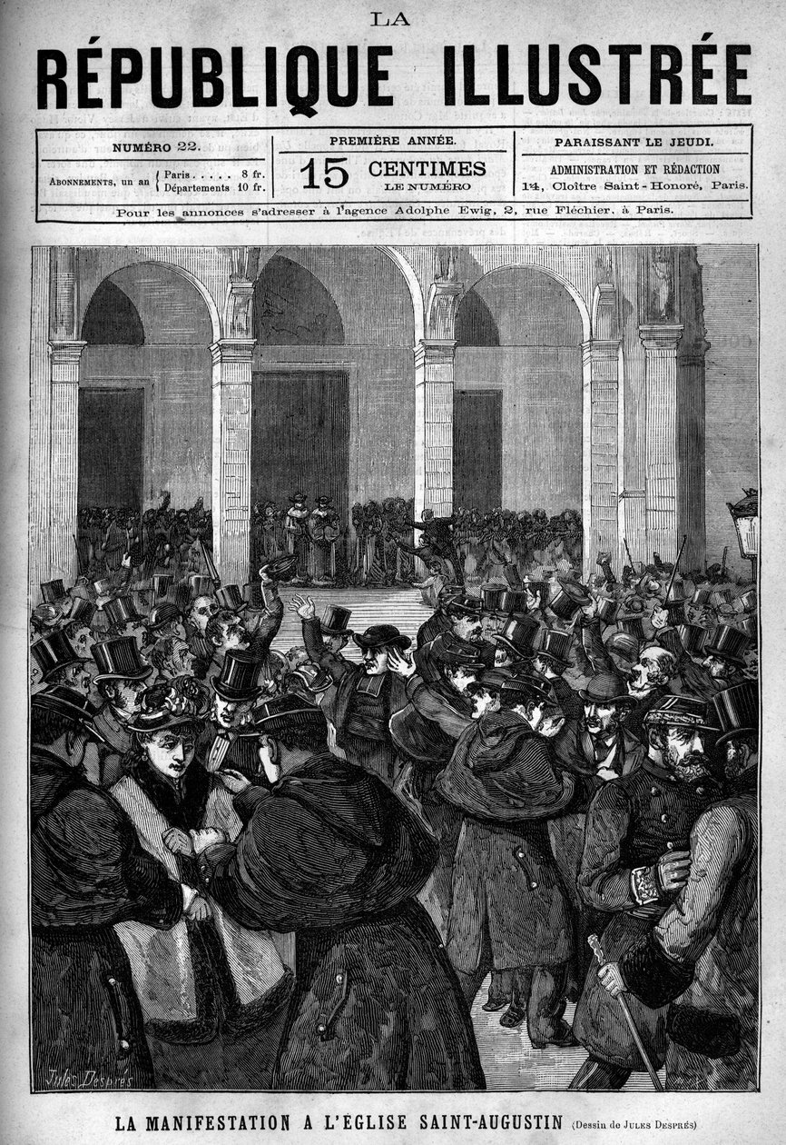 Mielenosoitus Pyhän Augustinuksen (Saint-Augustine) kirkossa Pariisissa: kiihkeä Pariisin poliisin ja mielenosoittajien välillä, jotka vastustivat Jules Ferryn maaliskuussa 1880 antamia säädöksiä, joilla poistettiin oikeus opettaa luvattomia uskonnollisia  tekijältä French School