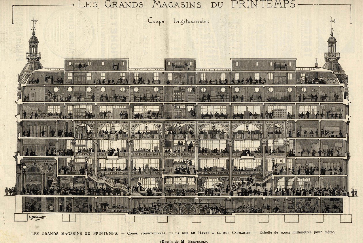 Printempsin tavaratalot vuonna 1889, pituusleikkaus Rue du Havresta Rue Caumartiniin, piirustus Berteault, Bianchetti-kokoelma. tekijältä French School