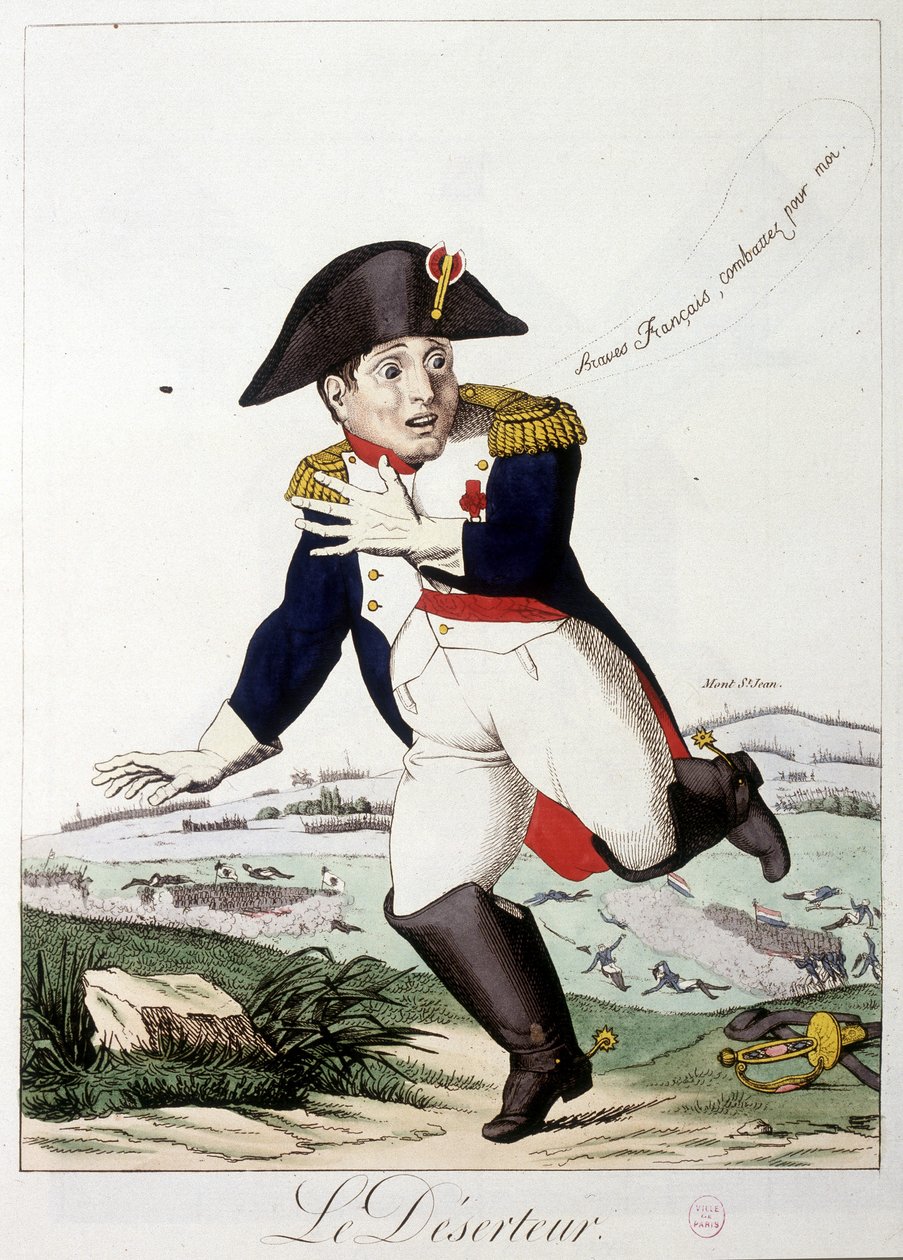 Karkuri: braves francais, jatkakaa puolestani"" - teoksessa "Napoleon I", karikatyyrejä, nukkekokoelma, n. 1814-1815. tekijältä French School