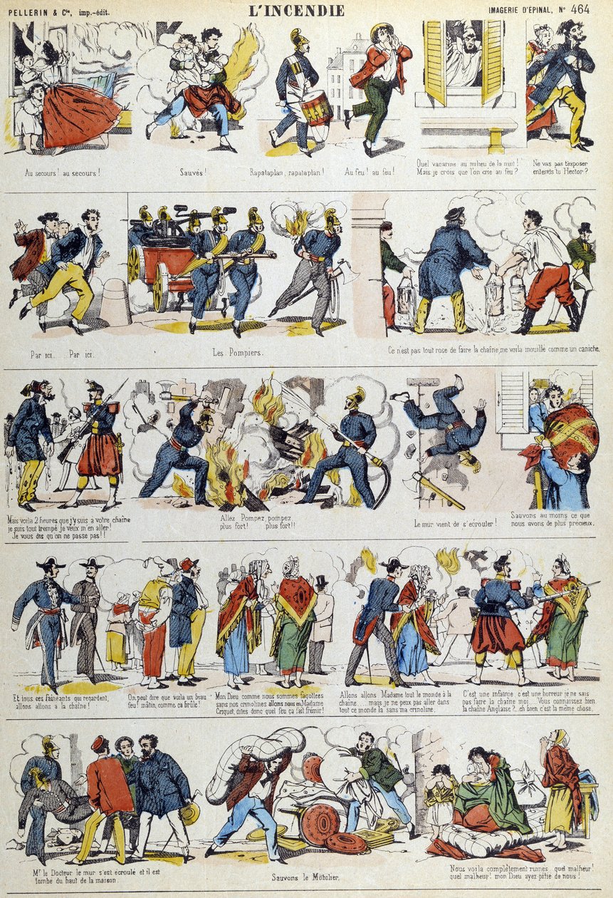 1800-luvun tulipalon eri vaiheet. Kuva Epinalista 1800-luvulta. tekijältä French School