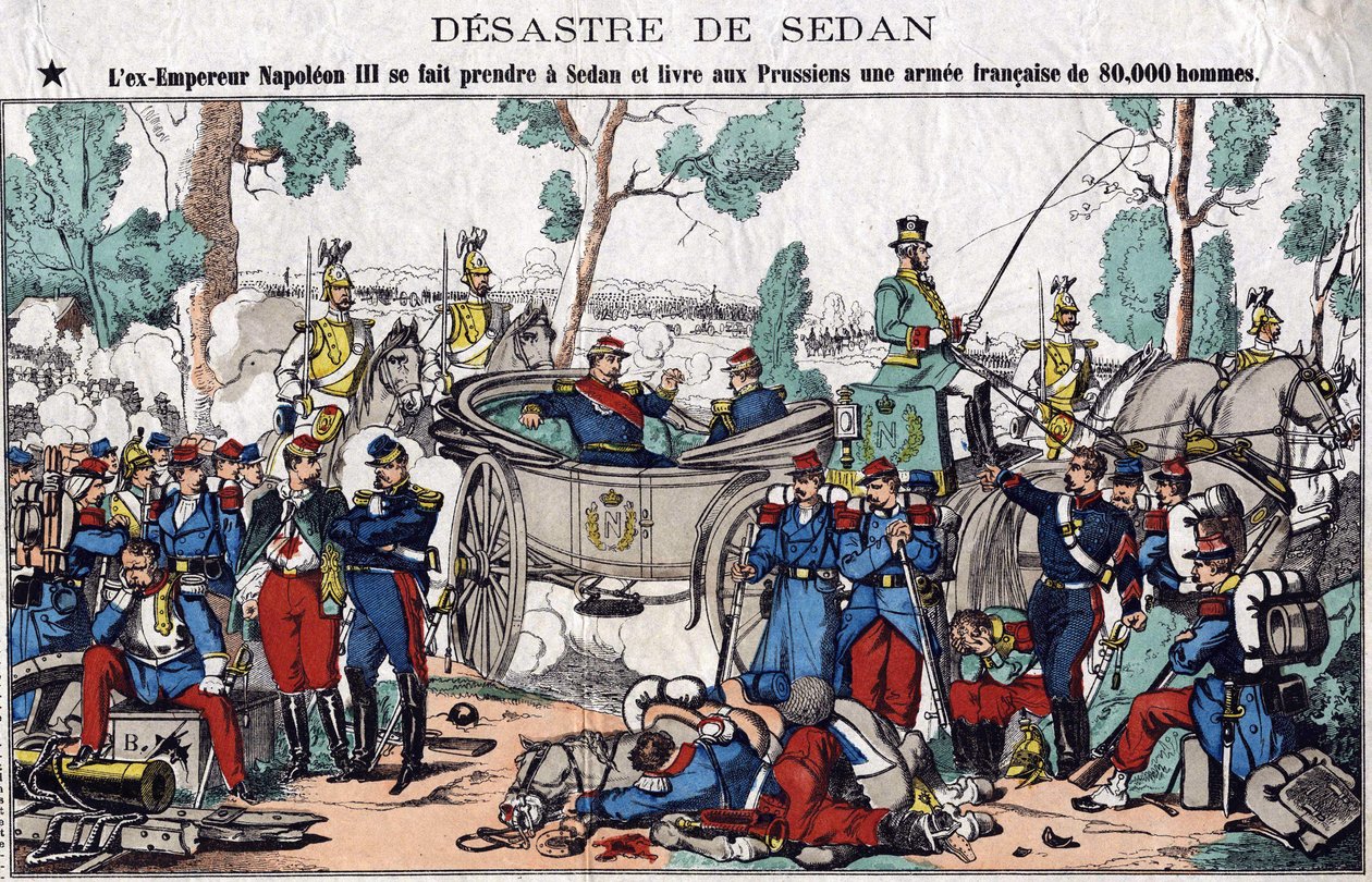Sedanin katastrofi; Entinen keisari Napoleon III jää kiinni Sedanissa ja toimittaa preussille 80 000 miehen ranskalaisen armeijan, kuvana 1800-luvun selkärangasta. tekijältä French School