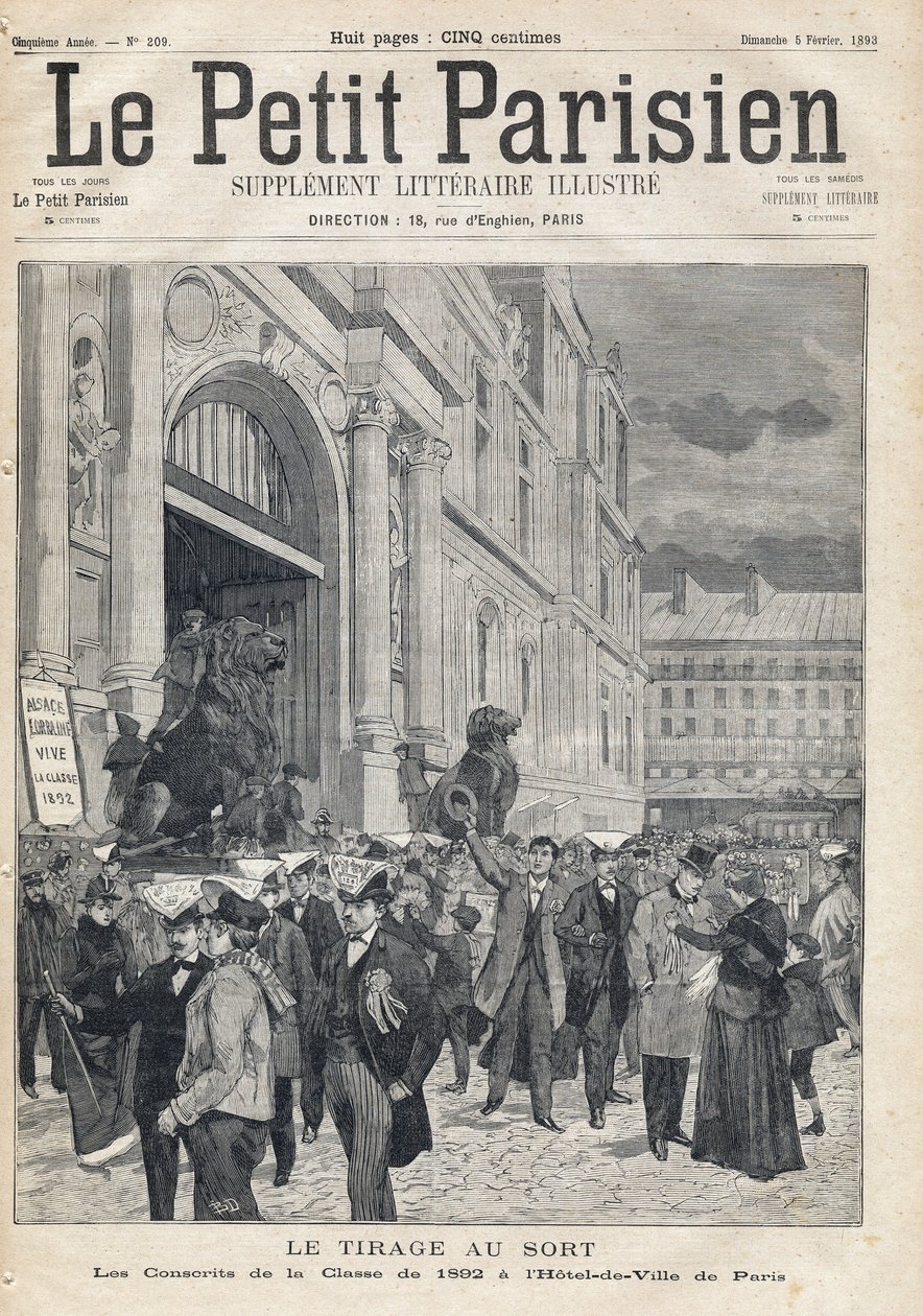 Arvonta: vuoden 1892 luokan varusmiehet Pariisin kaupungintalolla. Yksi sanomalehdestä "Le petit Parisien" 5.2.1893 (kaiverrus) tekijältä French School