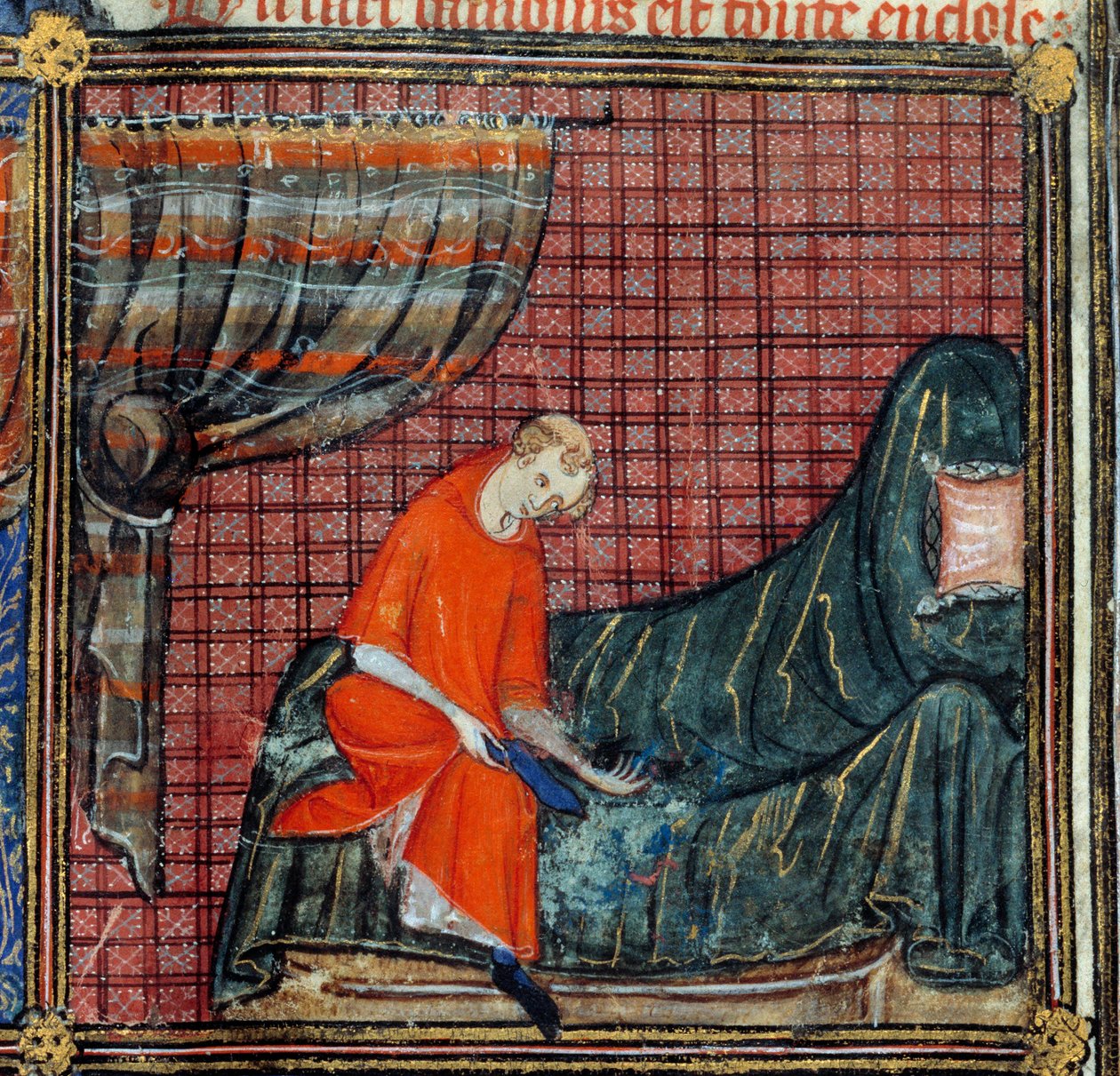 Unelma, yksityiskohta: Lover-mekot. Miniatyyri Jean de Meunin, Jean de Meungin tai Jean Chopinelin, Jean Clopinelin (v.1240-1305), noin 1370 Chantilly, Musee Conde teoksessa "" Roman de la rose" tekijältä French School