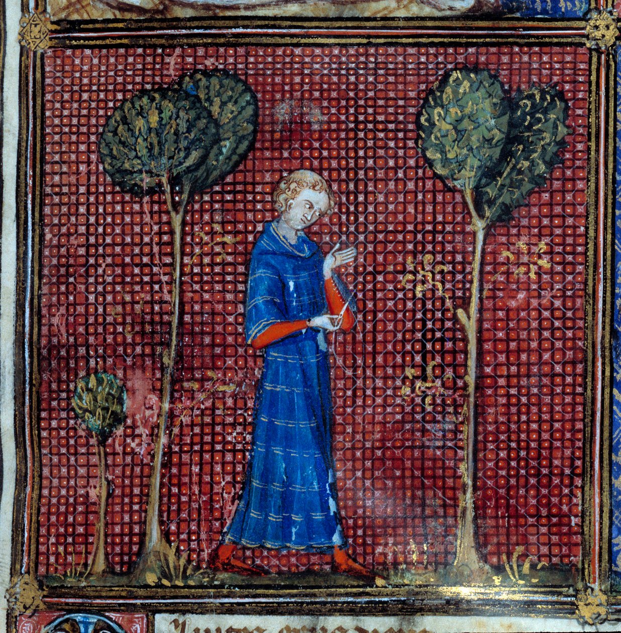 Unelma, yksityiskohta: Rakastaja ompelee paitansa hihan. Miniatyyri teoksessa "Roman de la rose", tekijä Jean de Meun, Jean de Meung tai Jean Chopinel, Jean Clopinel (v.1240-1305), noin 1370. Chantilly, Musee Conde tekijältä French School