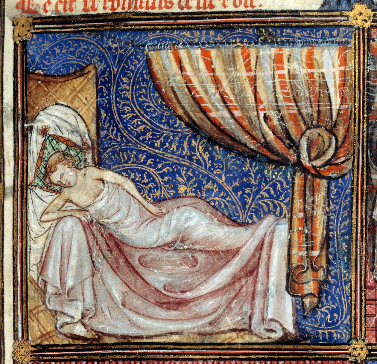 Unelma, yksityiskohta: Nukkuva rakastaja. Miniatyyri teoksessa "Le Roman de la rose", kirjoittanut Jean de Meun, Jean de Meung tai Jean Chopinel, Jean Clopinel (v.1240-1305), noin 1370. Chantilly, Musee Conde tekijältä French School
