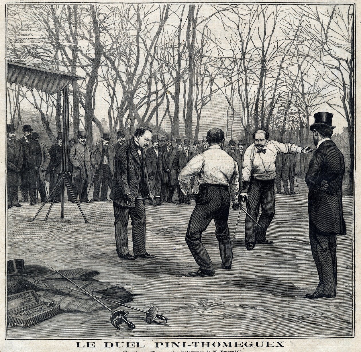 Asemestarien Pinin ja Thomeguexin kaksintaistelu Parc de Saint Ouenissa (Saint-Ouen). Julkaisussa "" Le Petit Parisien "" 28.3.1897. tekijältä French School