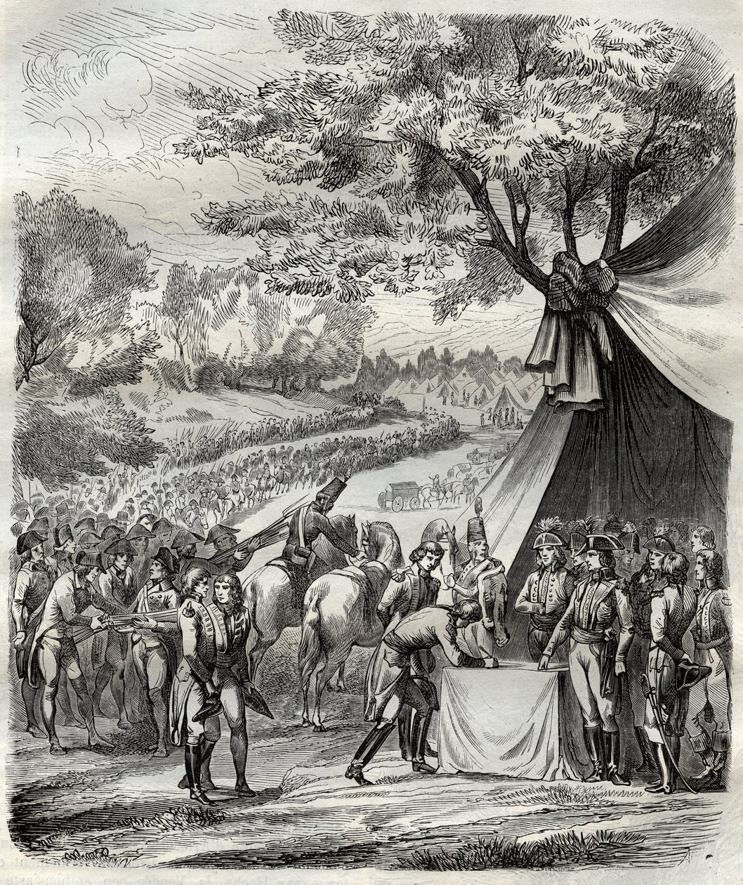 Vendee-sodan loppu - Hoche allekirjoittaa sopimuksen bretonien kanssa - Revolution francaise - La pacification de la Vendee - Accords de la Mabilais, 20. huhtikuuta 1795 - Kenraali Hochen ja chefs chouanien välinen allekirjoitus - Mabilais