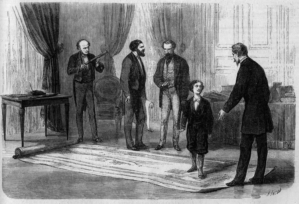 Insinööri Boutet esitteli suunnitelmansa rautatiesillasta Ranskan ja Englannin välillä keisari Napoleon III:lle (1808-1873) poikansa Prince Imperialin (1856-1879) läsnäollessa. tekijältä French School