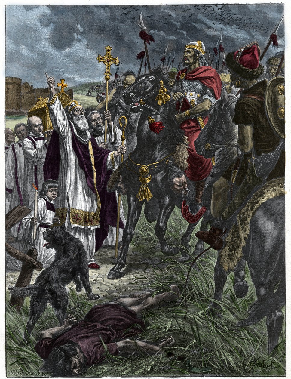 Eveque Saint Loup of Troyes pidätti Attilan hunnien kuninkaan ennen Troyes - Barbarian Invasions - Kaiverrus H. Grobertin maalauksen jälkeen. tekijältä French School