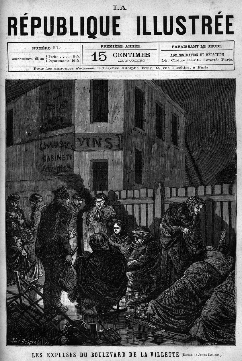 Boulevard de la Villetten häädöt: Pariisin kaupungista karkotettujen työntekijöiden täytyy nukkua kadulla (S.D.F.). Sanomalehti. Kaiverrus vuodelta 1880 ”La republique illustree”” yksityiskokoelmassa. tekijältä French School