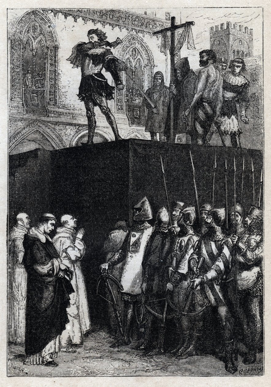 Sisilian kuninkaan Conradinin (tai Conrad of Hohenstaufenin) ja Swabian herttuan (1252-1268) teloitus Charles Anjoun käskystä Tagliacozzon taistelun jälkeen vuonna 1268” (Conradinin (tai Conrad nuoremman), viimeisen Staufer-kuninkaan teloitus Sisilian perä tekijältä French School