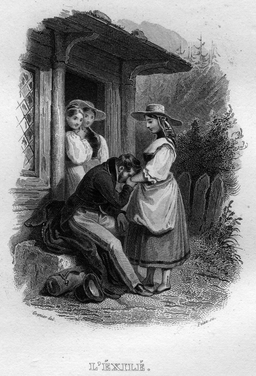 Pakolainen Chanson de Beranger ranskalaisen runoilijan ja lauluntekijän Pierre Jean de Berangerin (1780-1857) teoksessa ”Teokset valmistuvat” (1834). tekijältä French School