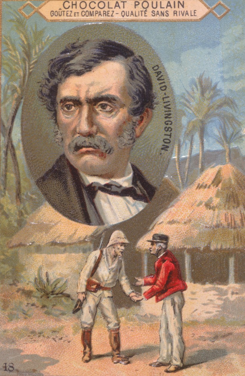 Tutkija David Livingstone (1813-73) ja hänen tapaamisensa Stanleyn (1840-1904) kanssa Ujijissa 27. lokakuuta 1871, kauppakortti, joka mainostaa Poulain-suklaa tekijältä French School
