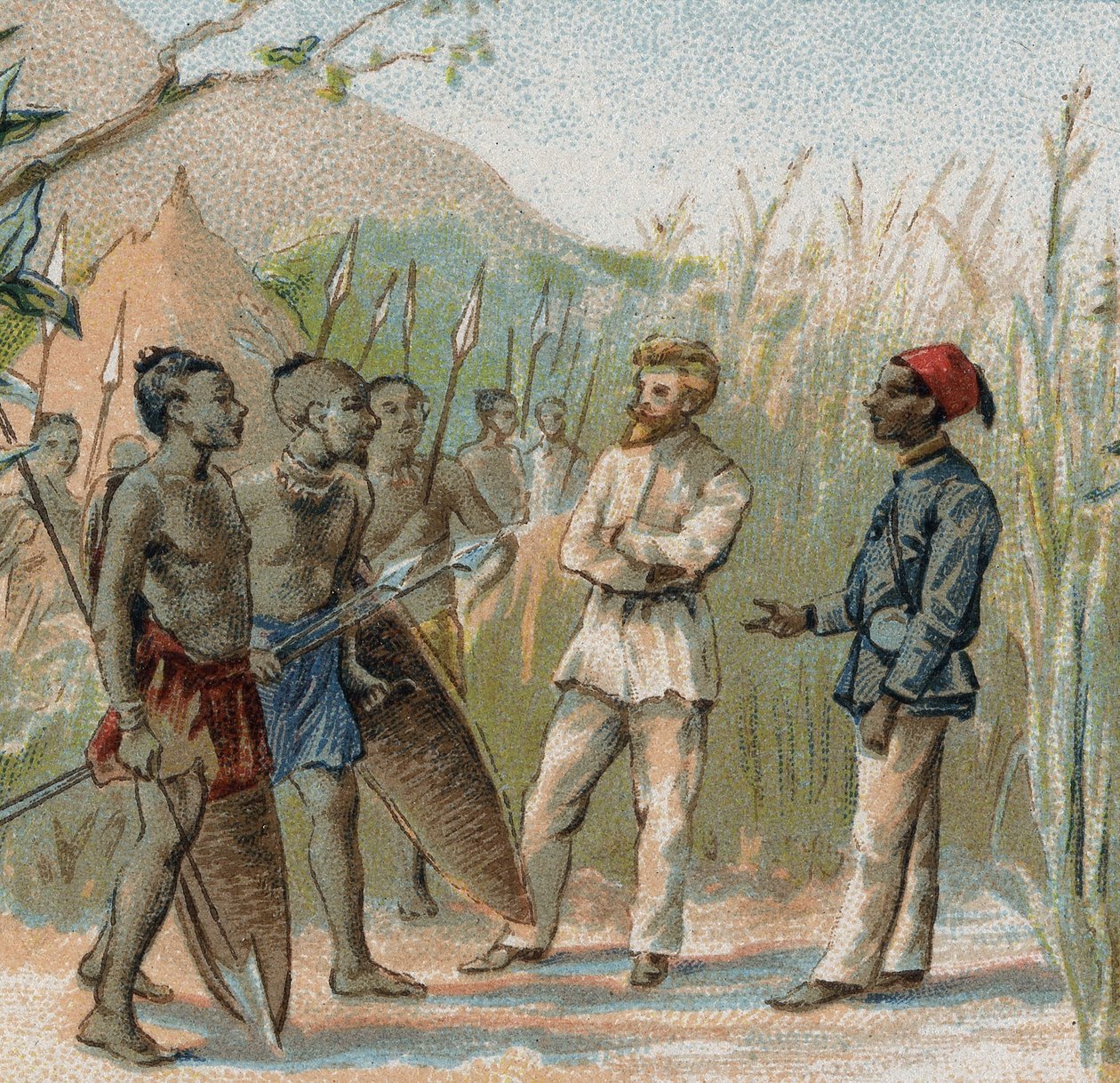 Tutkija Paul Crampel (1864 - 1891) parlamentaarisoimassa Kongon alkuperäisasukkaiden kanssa. 1800-luvun kromolitografia. tekijältä French School