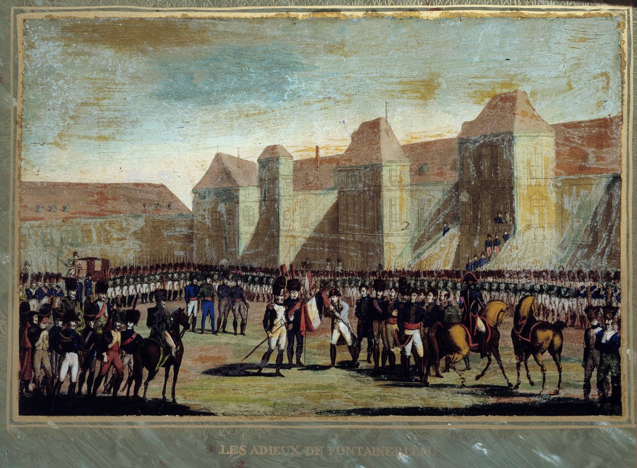 Napoleon Bonaparten (1769-1821) jäähyväiset pitävät keisarillisen vartijan Cheval Blancin pihalla Fontainebleaussa 20.4.1814. Anonyymi maalaus. 1814 Aix Island, Napoleonin museo tekijältä French School
