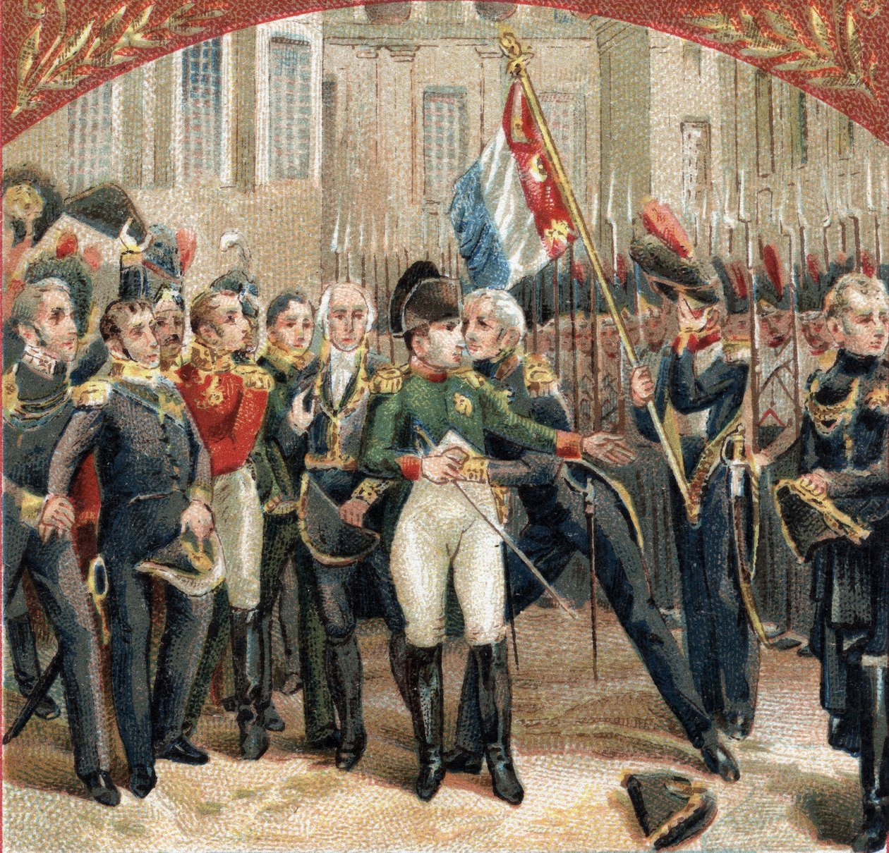 Napoleon Bonaparten (1769-1821) jäähyväiset keisarillinen kaarti Cheval Blancin pihalla Fontainebleaun linnassa 20.4.1814. 1800-luvun lopun kromolitografia tekijältä French School
