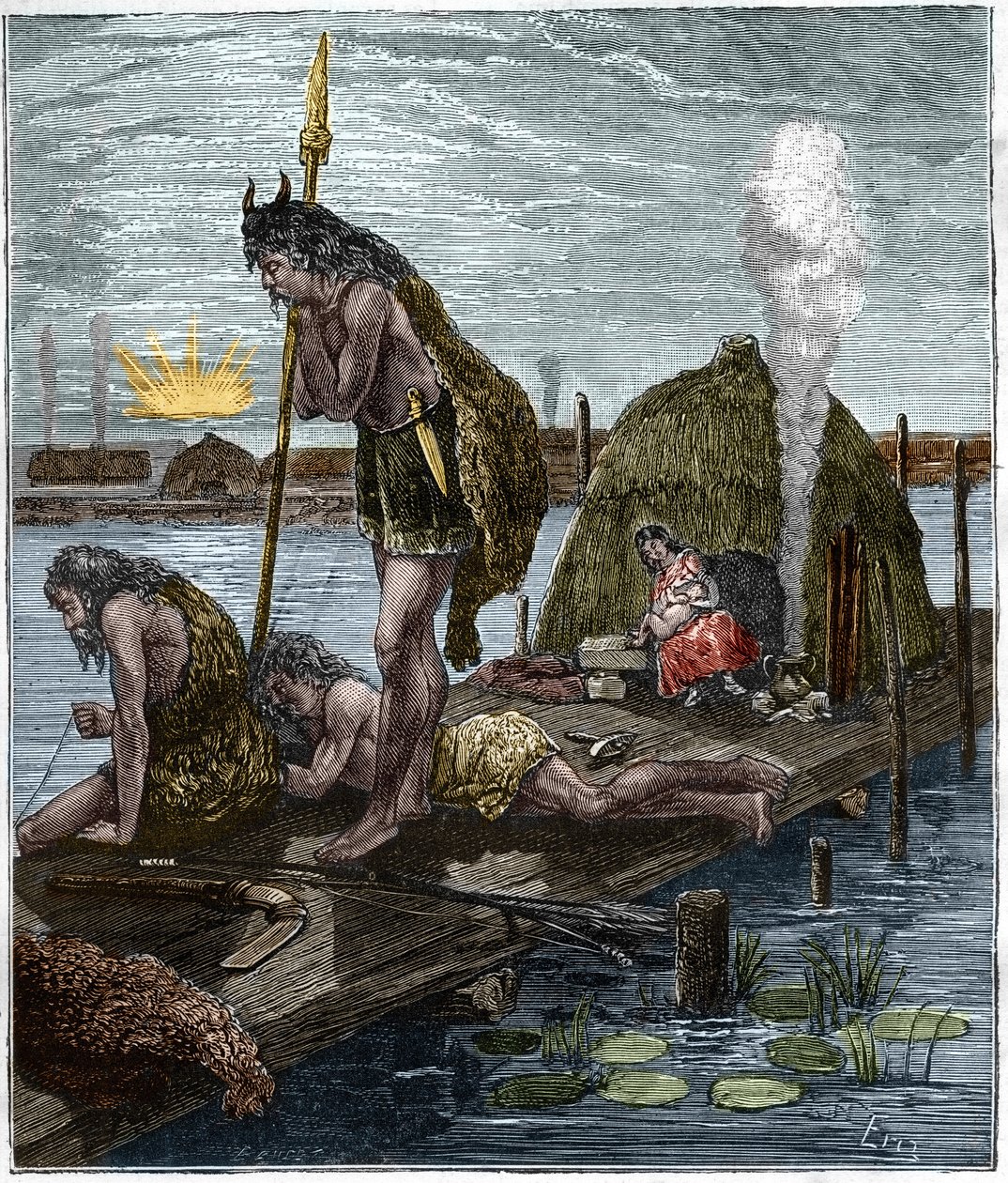 Ensimmäiset pariisilaiset eli Lutecen (Pariisi) asukkaat (mökki paalujen varassa) H. Gourdon de Genouillacin kaiverrus "Pariisi läpi vuosisadan" (1874). tekijältä French School