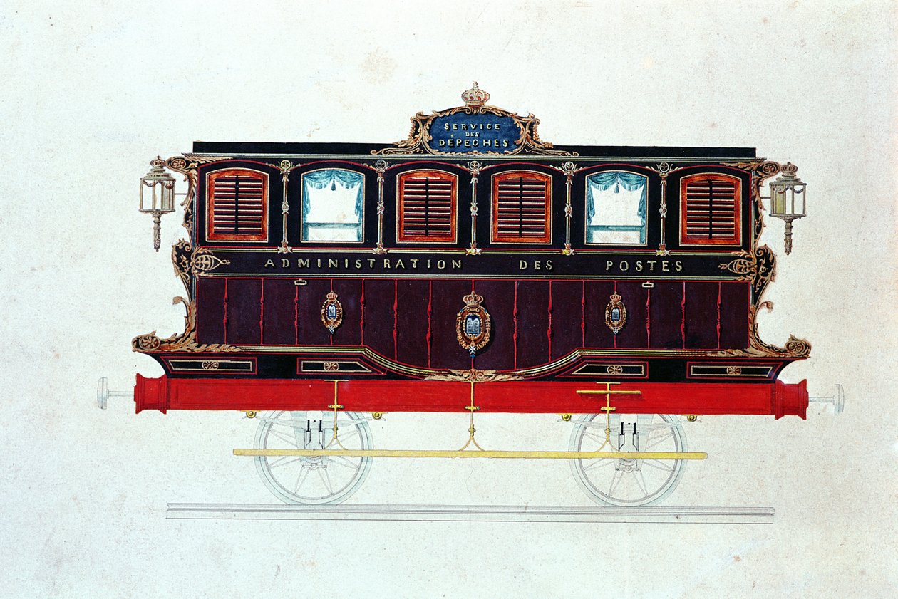 Ensimmäinen postipakettiauto Ranskassa, n. 1830-1848 (kynä & muste ja wc paperilla) tekijältä French School