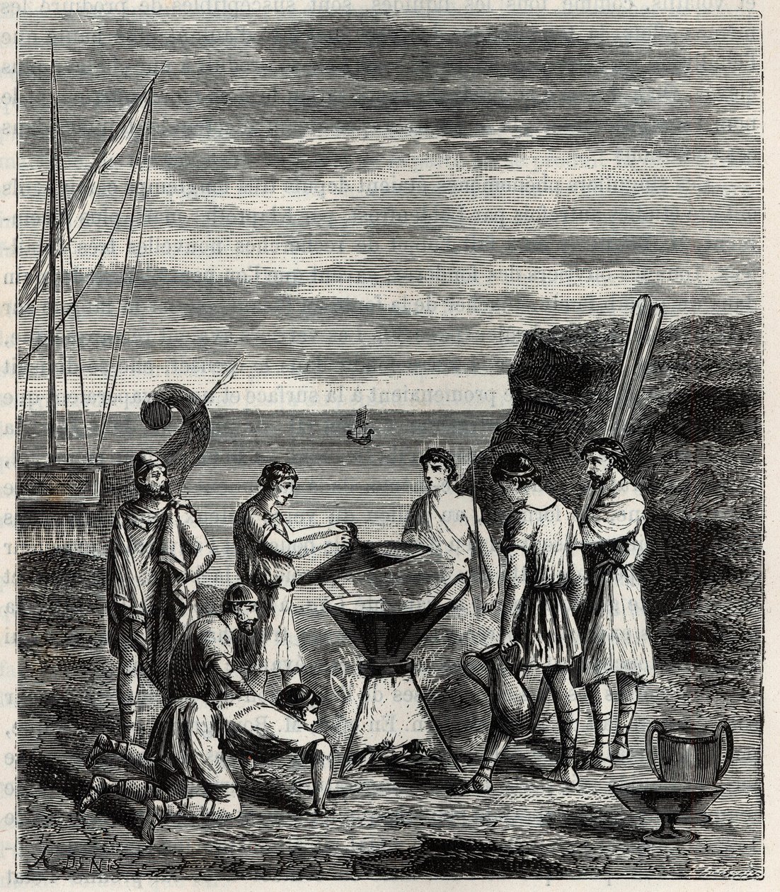 Ensimmäiset Kreikan saariston merenkulkijat saivat makean veden höyrystämällä merivettä - Kaiverrus "" Tieteet kaikkien saatavilla - Suosittu fysiikka ja kemia" Alexis Clerc - 1800-luvun loppu - Yksityinen kokoelma tekijältä French School