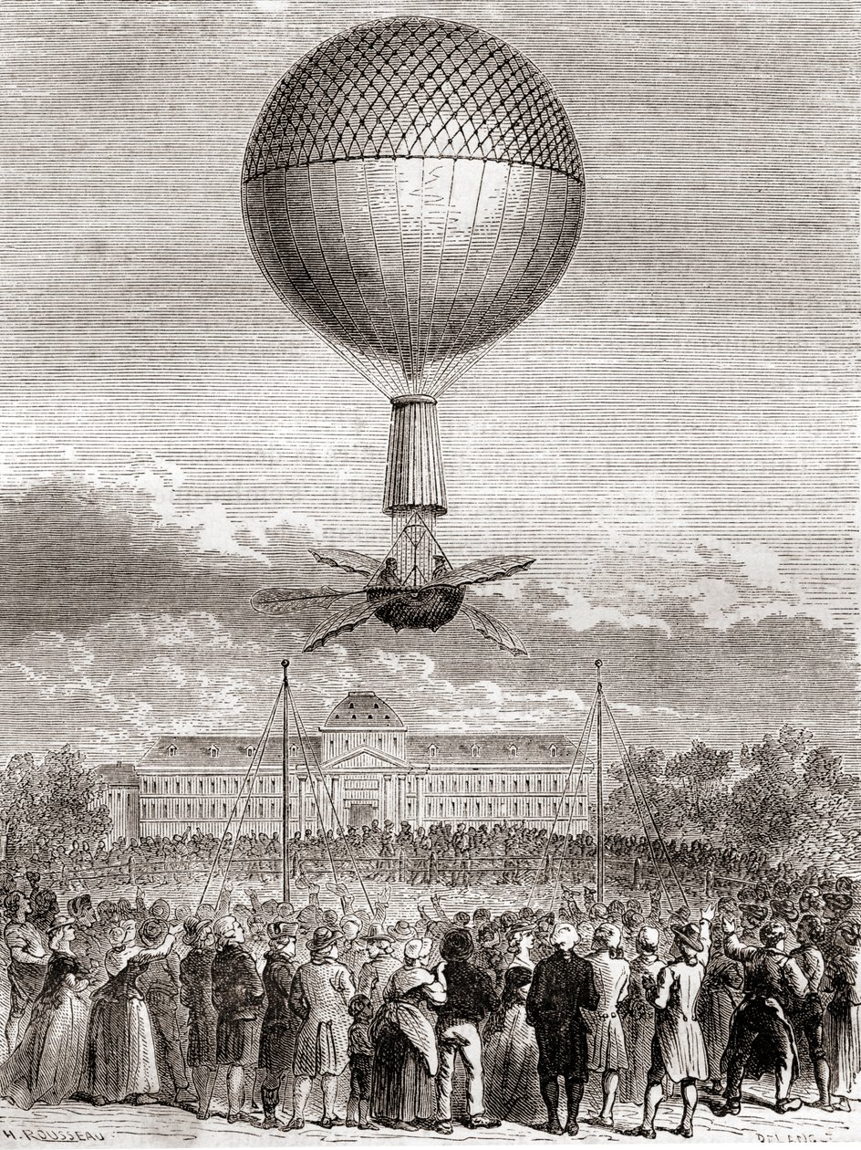 Jean-Pierre François Blanchardin ensimmäinen onnistunut ilmapallolento 2. maaliskuuta 1784 vetykaasupallolla, joka laukaistiin Champ de Marsista, Pariisista, Ranskasta, Les Merveilles de la Sciencestä, julkaistu noin 1870 (kaiverrus) tekijältä French School