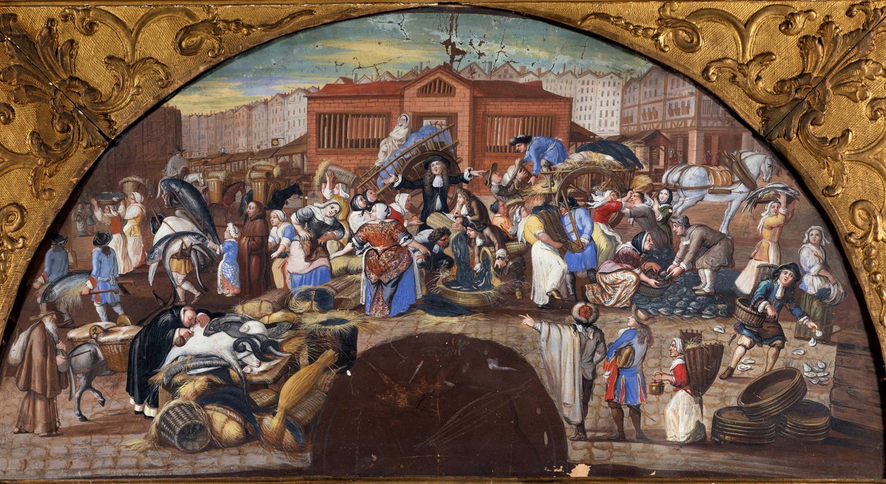 Kalahuutokauppa Hallesissa Pariisissa Scene kävely. Sisustus ranskalaisen koulun tapahtumaan. 1600-luvun Pariisi, Musee Carnavalet tekijältä French School