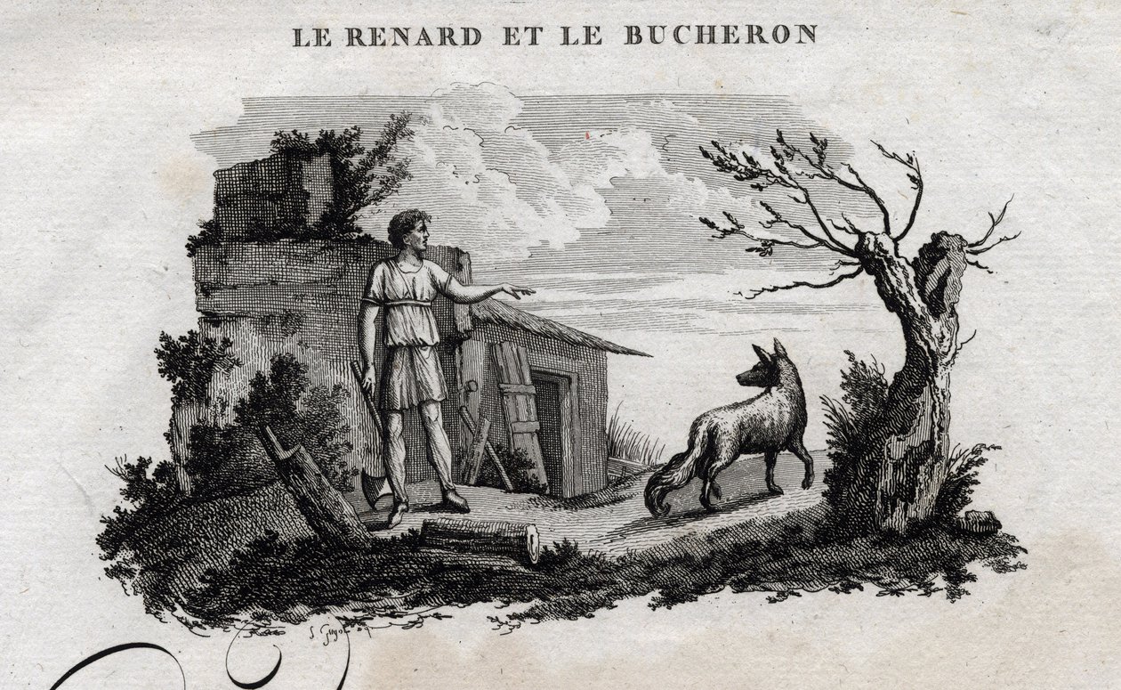 Kettu ja metsämies. Fable of Esope. (Kreikkalainen kirjailija Esopo tai Ecopus, 6. vuosisata eKr.) Kirjoittanut Guillaume Montfort ja Gravees Beauble vuonna 1801. tekijältä French School