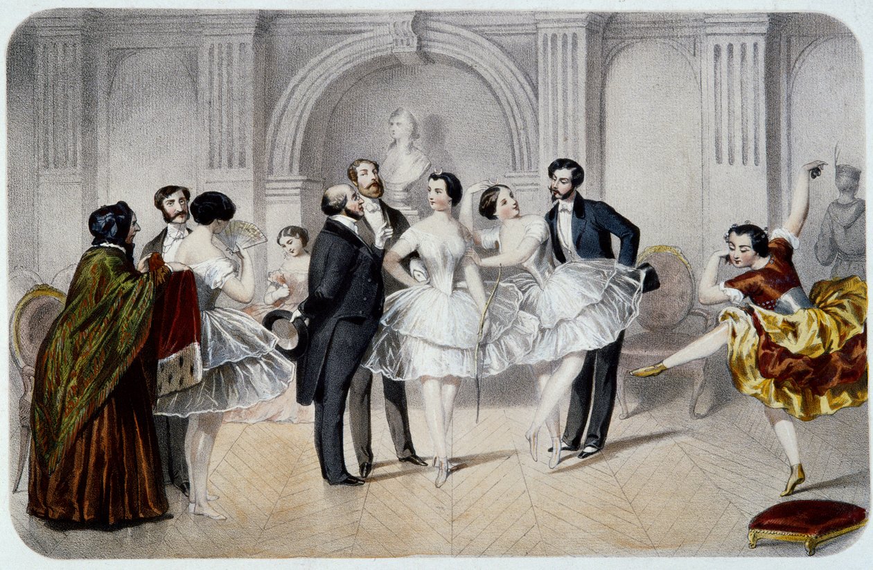 Oopperan aula (Opera Garnier Pariisissa). Tututanssija juttelemassa herrasmiesten kanssa, jotka tulivat tervehtimään heitä tai ottamaan muutaman askeleen tanssimaan. Kaiverrus tekijältä French School