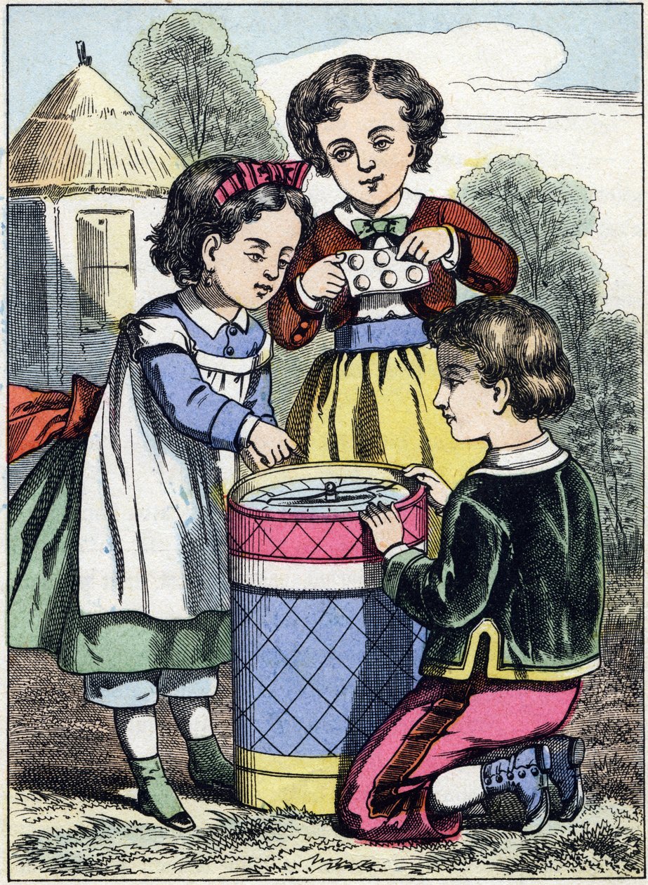 Makaroonien peli. Kaiverrus kuva-albumista "Lapsuuden pelit". Kuvia Epinalista, 1800-luvun loppu. 32 sivua. Koko: 20x14cm tekijältä French School