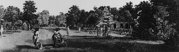 Carlton Housen puutarhat, Pall Mall, teoksesta "Jardins Anglo-Chinois: Details des Nouveaux Jardins a la Mode", kirjoittanut George Louis le Rouge, julkaistu n. 1770-87 (kaiverrus) (valkoinen kuva) tekijältä French School