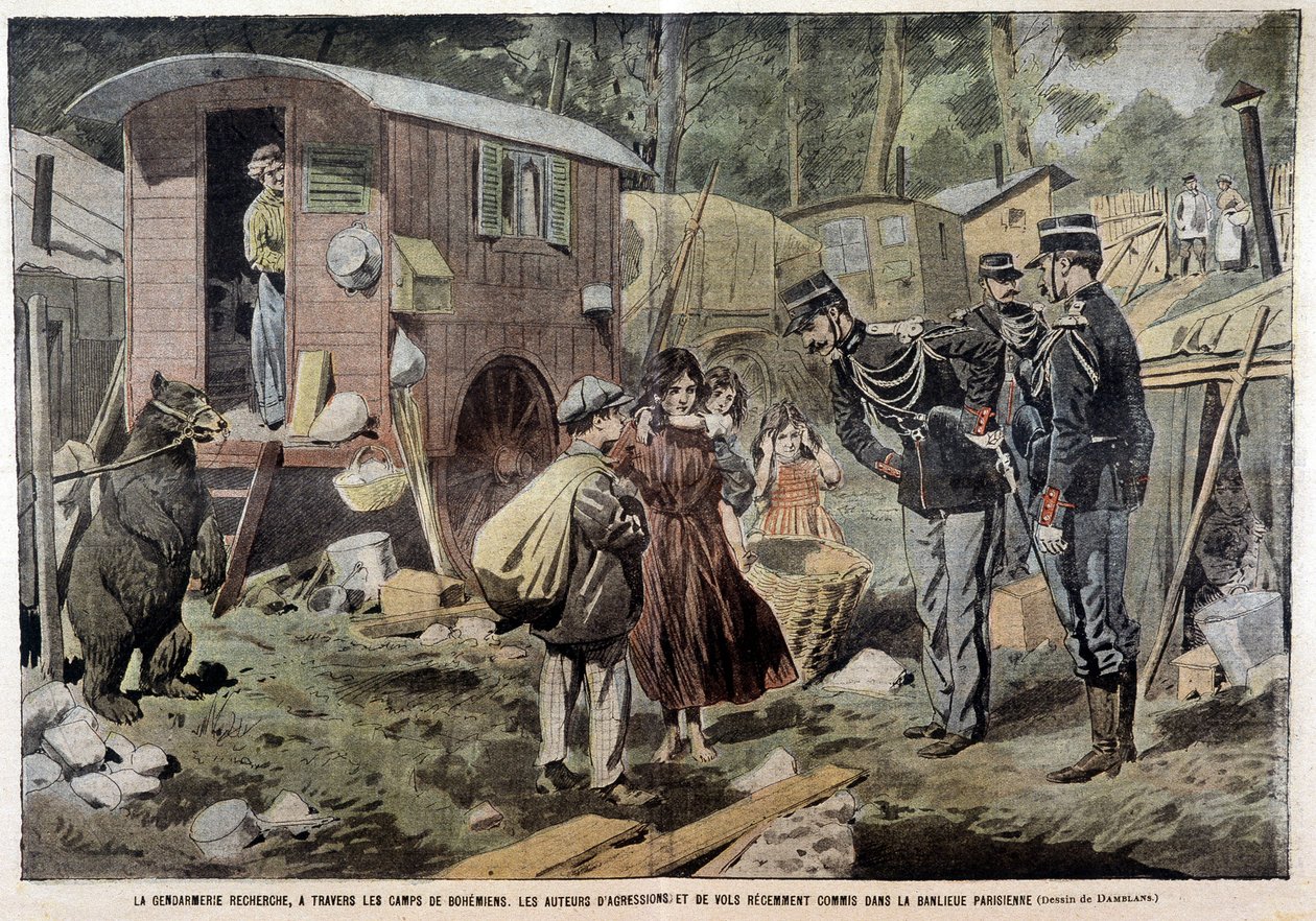 Santarmi etsii mustalaisleirien kautta viimeaikaisten hyökkäysten ja ryöstöjen tekijöitä Pariisin esikaupunkialueella - "" Pelerinissä" 21.4.1907. tekijältä French School