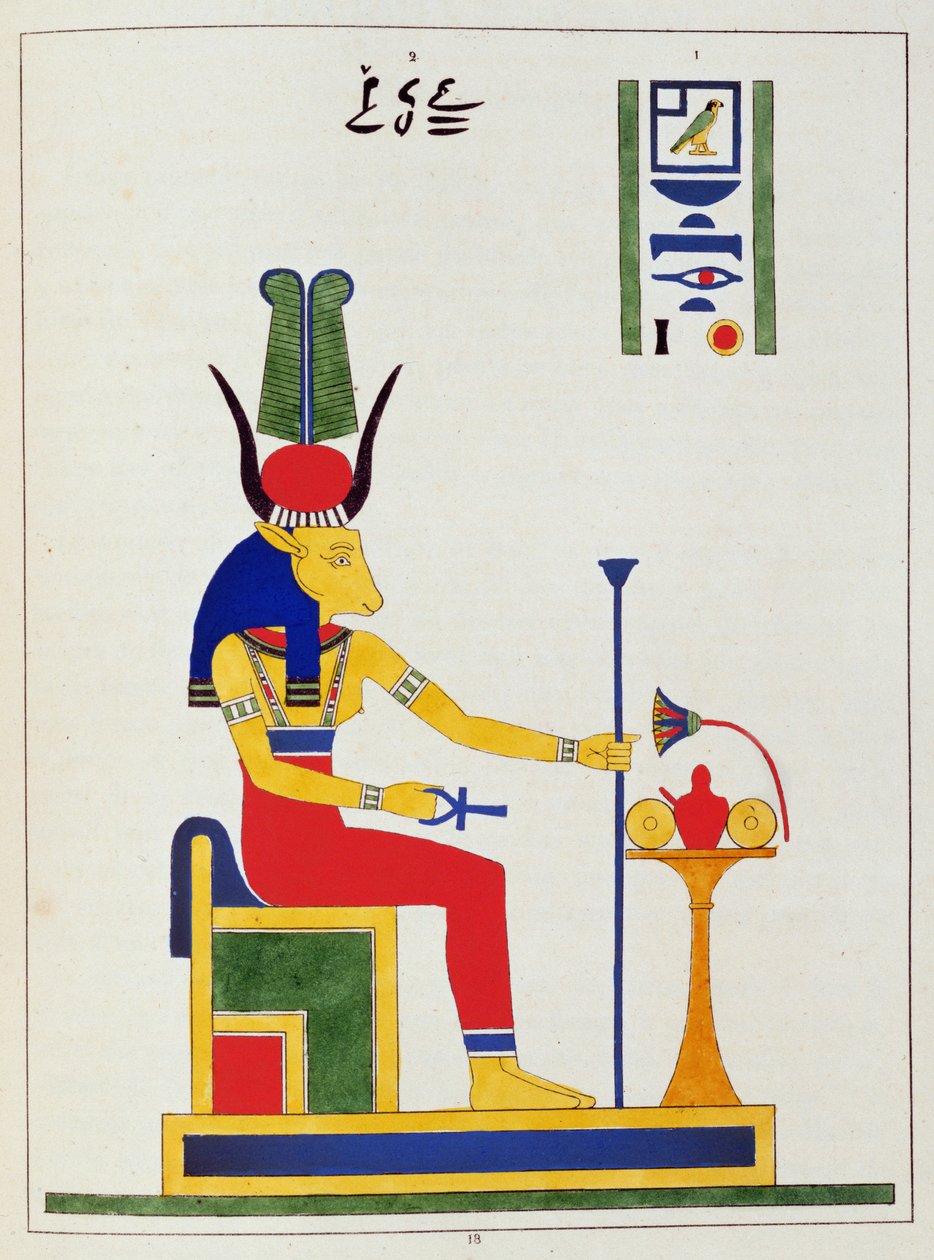 Jumalatar Hathor, kuvitus Egyptin Pantheonista: kokoelma mytologisia hahmoja muinaisesta Egyptistä, Jean-Francois Champollion, julkaistu noin 1986 tekijältä French School