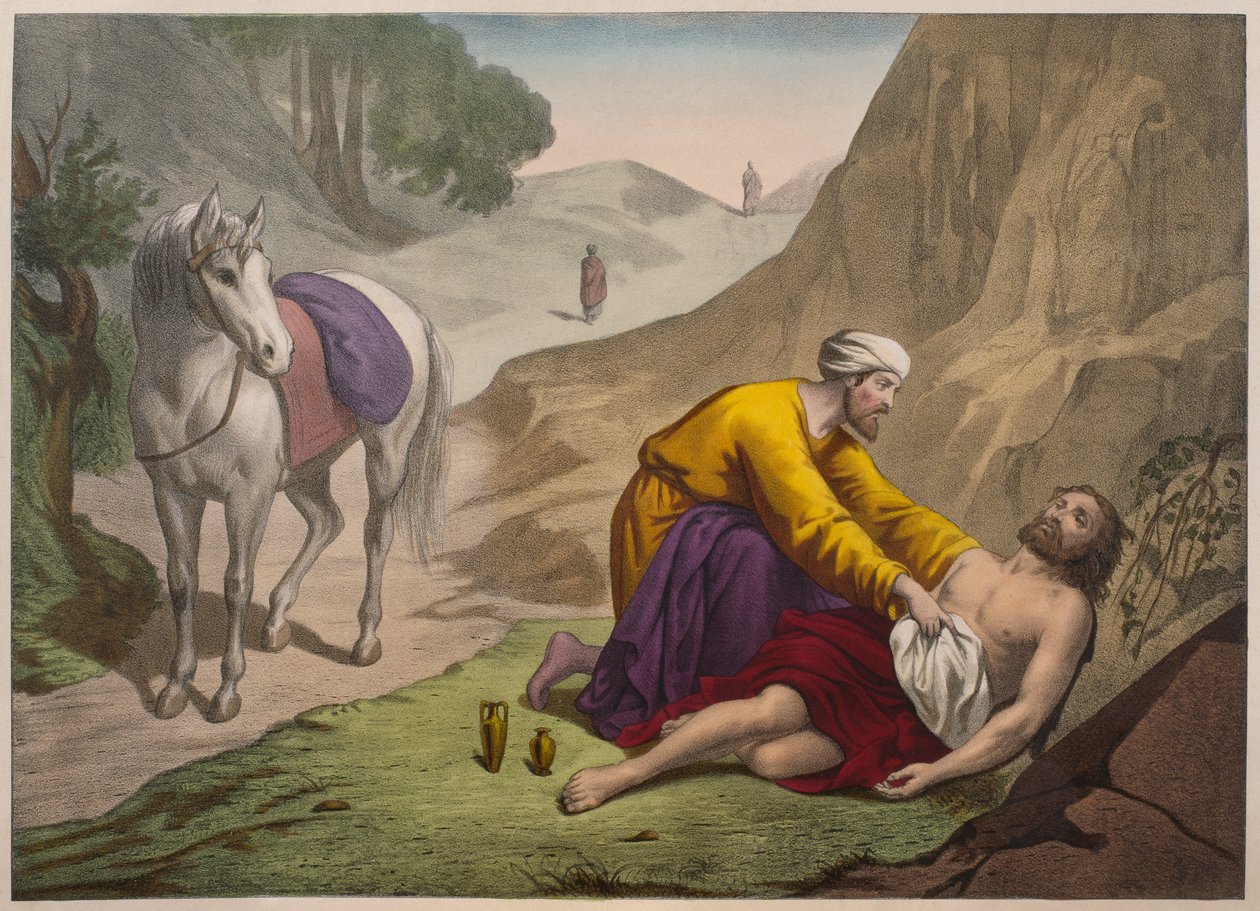 Laupias samarialainen, kuvitus katekismuksesta LHistoire Sainte, julkaisija Charles Delagrave, Pariisi, 1800-luvun loppu tekijältä French School