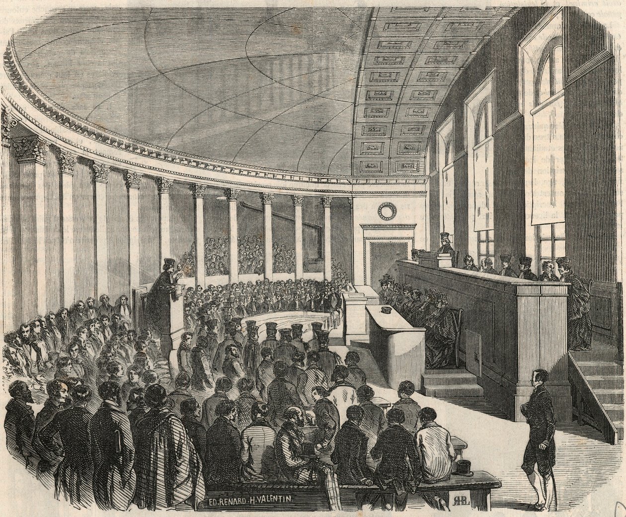 Suuri amfiteatteri kilpailun aikana Pariisin oikeustieteellisessä tiedekunnassa - Edmond Texierin kaiverrus Tableau-de-Parisissa 1852 tekijältä French School