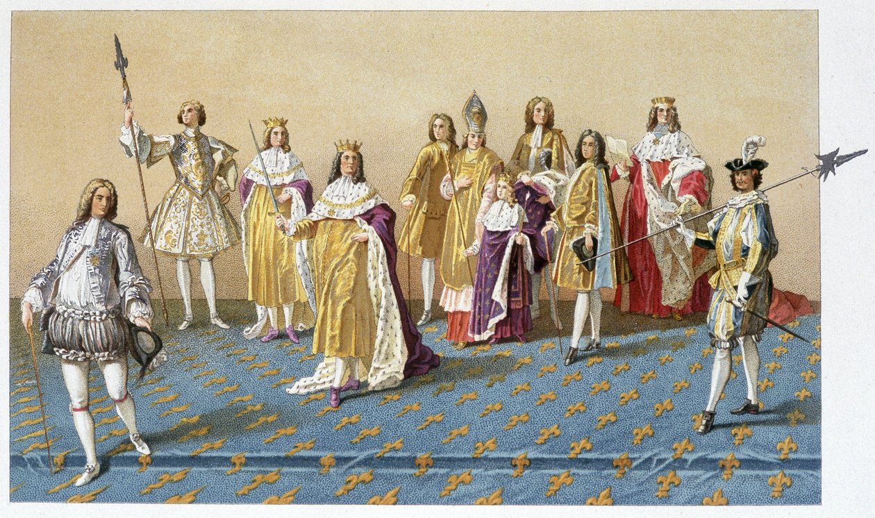 Ludvig XV:n kruunajaisten suuret arvohenkilöt: Marquis de Dreux, marsalkka de Villards, Harcourtin herttua, Reimsin arkkipiispa, Ludvig XV, Lorraine