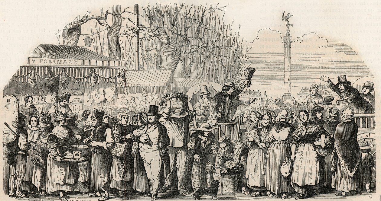 Kinkkumessut Boulevard Bourdonilla Pariisissa - Kaiverrus "Tableau-de-Paris" Edmond Texier 1852 tekijältä French School