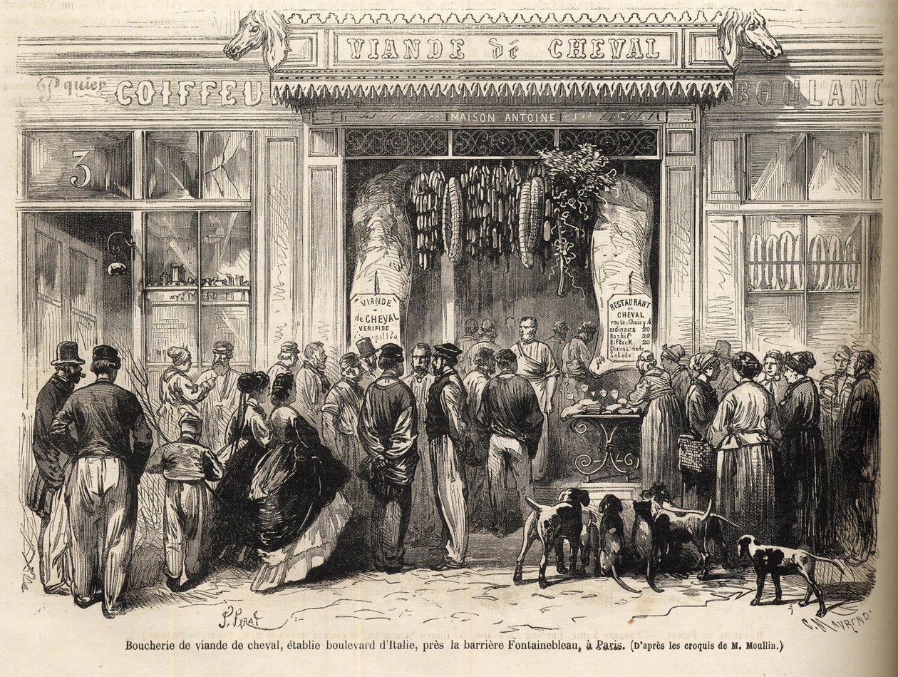 Hevosteurastaja Barbare de Fontainebleaussa (Pariisi) avattiin vuonna 1866 - teurastaja chevaline - Boucherie Meat de Cheval Boulevard Italia lähellä Fontainebleau